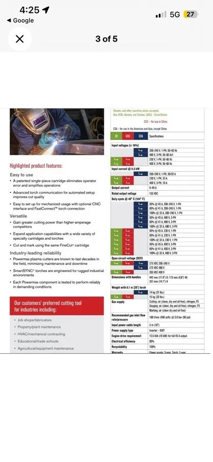 Сварочная горелка Hypertherm Powermax45 SYNC Plasma Cutter with 50ft Hand Torch — фото лота 2