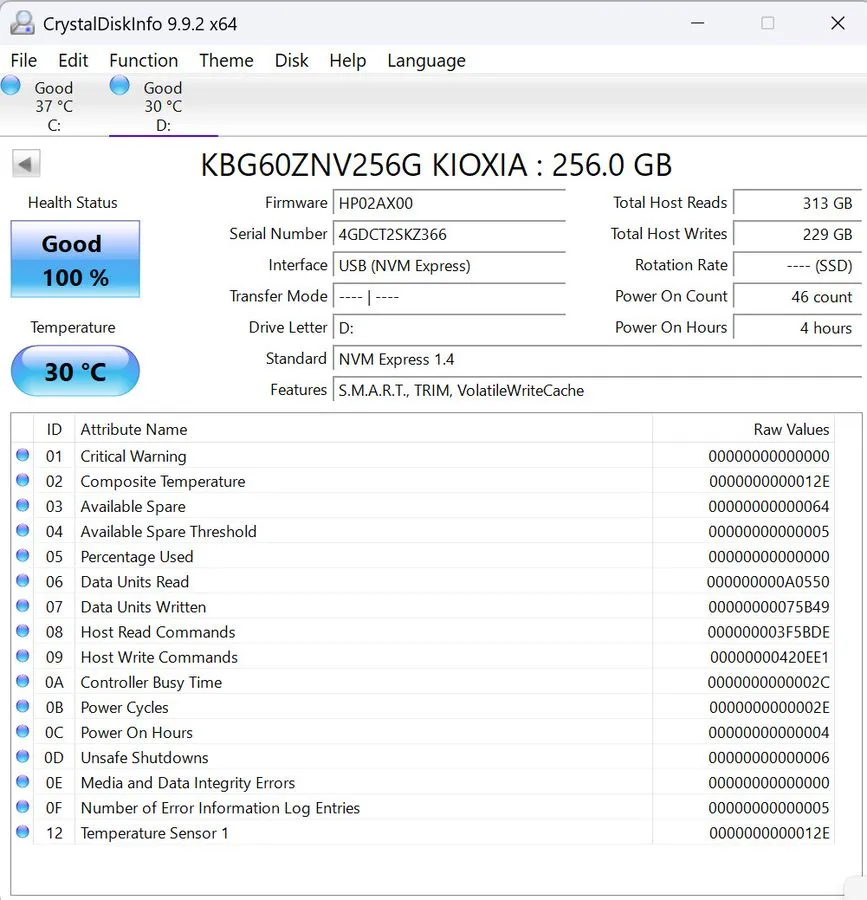 SSD-накопитель KIOXIA 256GB SSD NVMe M.2 2280 BG6 PCIe Gen4 x4 KBG60ZNV256G 100%