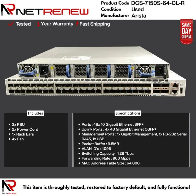 Коммутатор Arista DCS-7150S-64-CL-R 48-Port SFP 1/10G 4 QSFP+ 48x10GbE 4xQSFP+ S