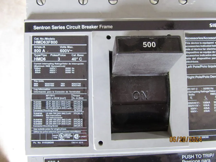 Автоматический выключатель Siemens HMD63F800 Circuit Breaker 3P 500A 600V Excell