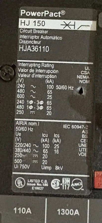 Автоматический выключатель Square D HJA36110 I-Line 3P 110A 480V 65KAIC Circuit — фото лота 1