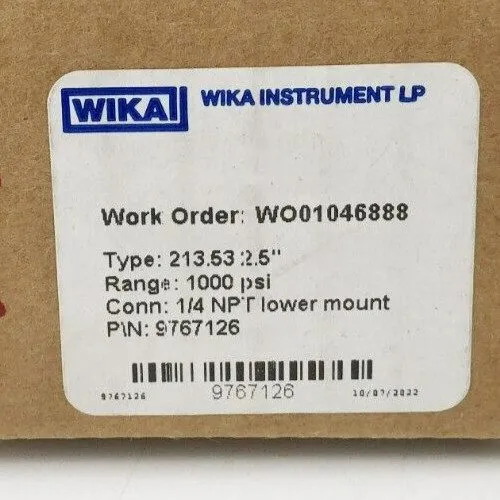 Трубопроводная арматура Wika 9767126 Pressure Gauge Type 213.53 2.5" Stainless S