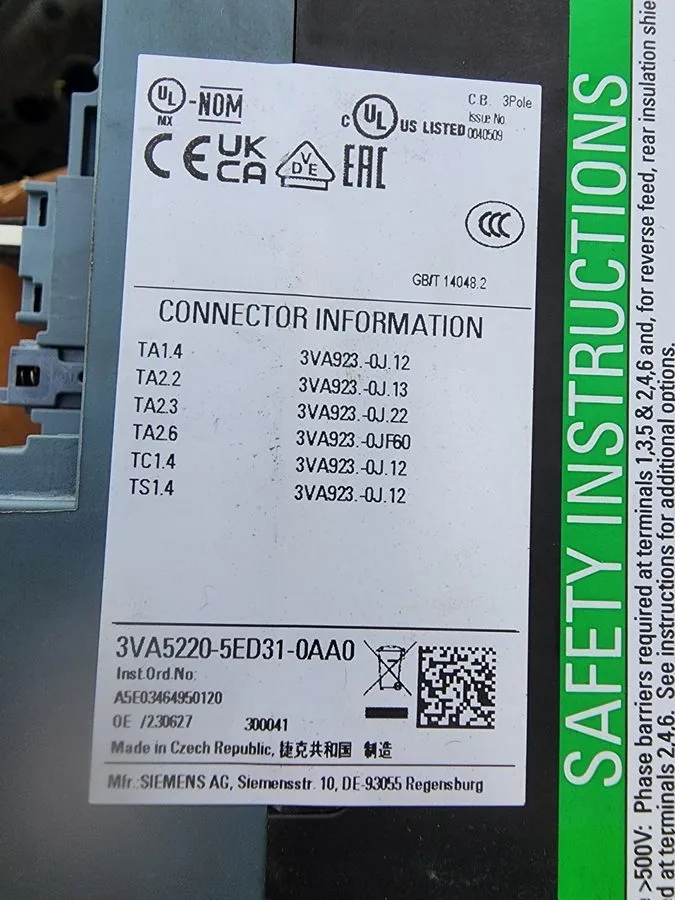 Автоматический выключатель SIEMENS 3VA5220-5ED31-0AA0 200A 3-Pole Circuit Breake