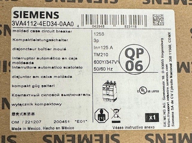 Автоматический выключатель Siemens 3VA4112-4ED34-0AA0 3 Pole, 125 Amps, 480 Volt