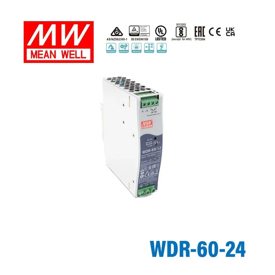 Блок питания Mean Well WDR-60-24 Single Output Industrial Power Supply 60W 24V D