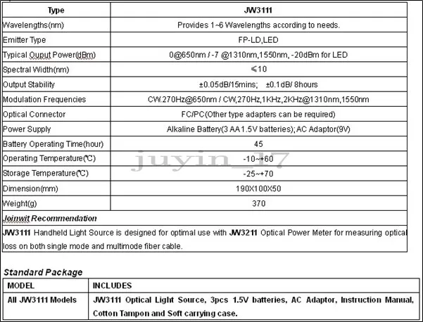 Тестер Portable Optical Light Source Meter Tester JW3111 850/1300/1310/1550NM ns