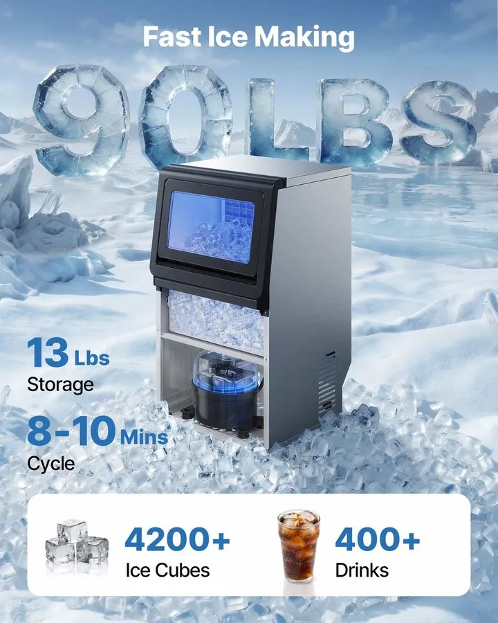 Льдогенератор VEVOR Commercial Ice Maker 100 lbs/24h Ice Machine 16-30 lbs Stora