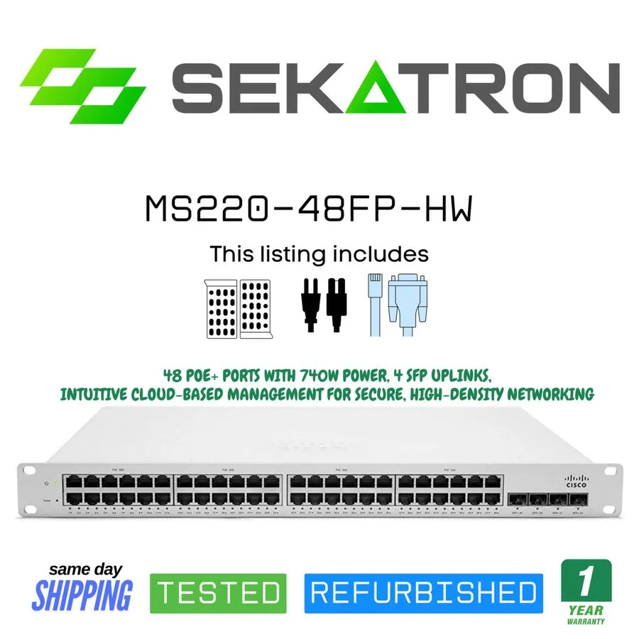 Коммутатор Cisco Meraki MS220-48FP-HW L2 48 Port Gigabit 740W PoE Switch *UNCLAI