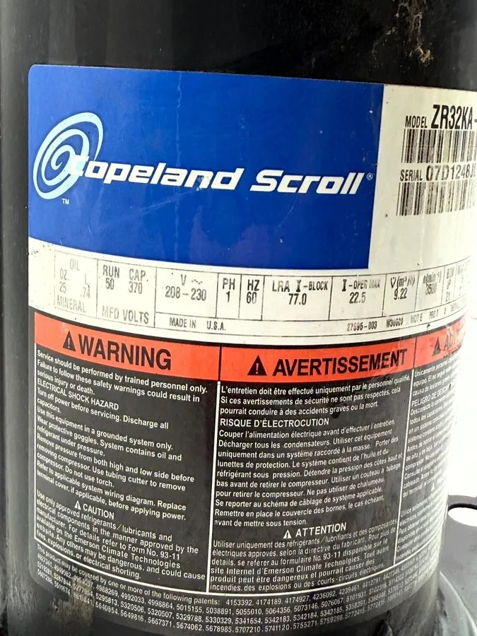 Компрессор Copeland 2.5 Ton Scroll A/C Condenser Compressor ZR32KA-PFV-130 R-22  — фото лота 1