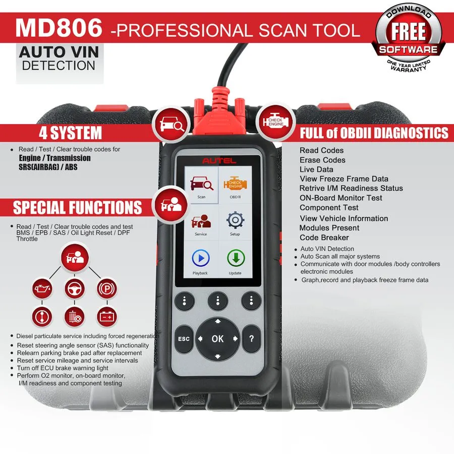 Диагностический сканер Autel MaxiDiag MD806 OBD2 Scanner 4 Systems Diagnostic Sc