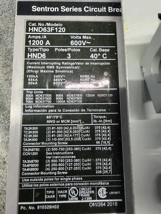 Автоматический выключатель Siemens HND63F120 Sentron 600VAC 1200A Molded Case Ci