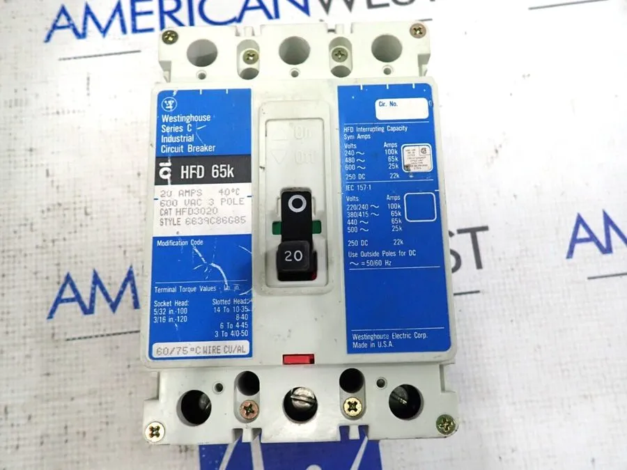 Автоматический выключатель EATON HFD3020 3 pole 20 amp 600 VAC 65kA@480v Type HF
