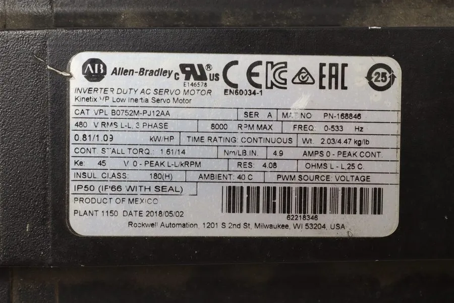 Серводвигатель ALLEN BRADLEY KINETIX VP SERVO MOTOR VPL-B0752M-PJ12AA SER A