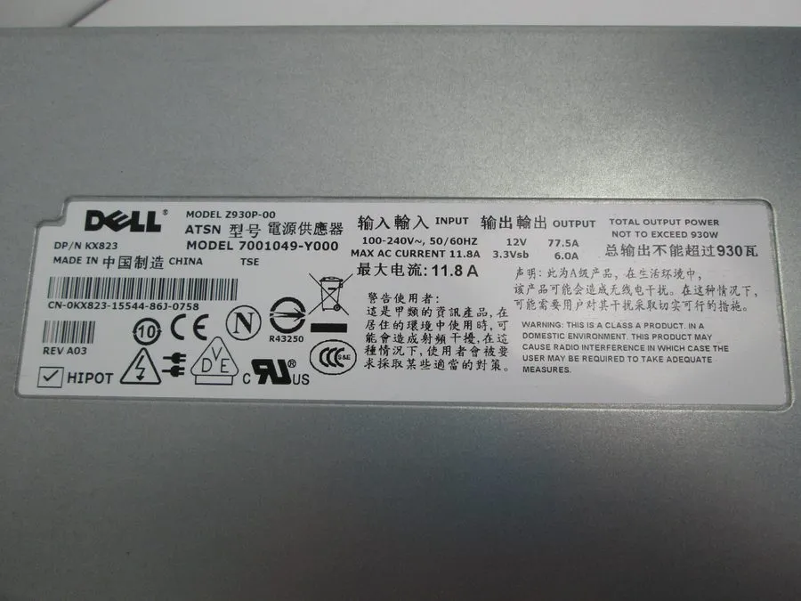 Блок питания DELL POWEREDGE SERVER 2900 930 WATT POWER SUPPLY 0KX823, Z930P-00