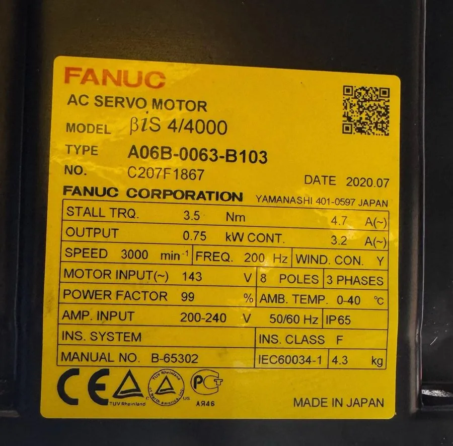 Серводвигатель FANUC / A06B-0063-B103 / AC SERVO MOTOR, 0.75KW