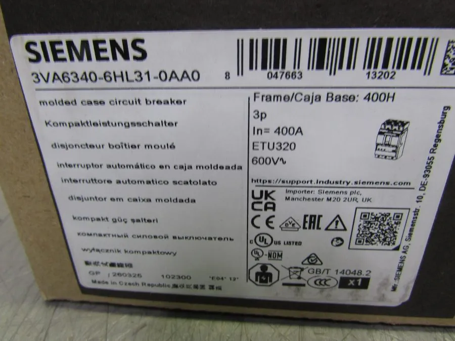 Автоматический выключатель Siemens 3VA6340-6HL31-0AA0 400A 3 Pole Molded Case Ci