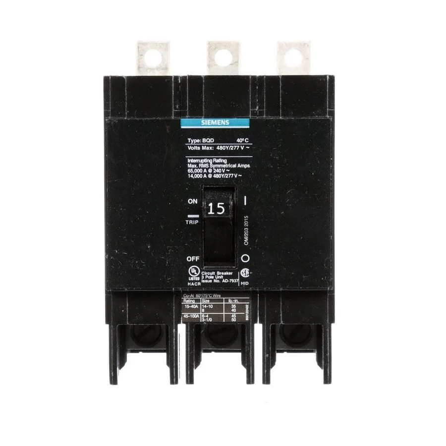 Автоматический выключатель SIEMENS BQD315 Circuit Breaker: 3 POLE; 480V/15A; BOL