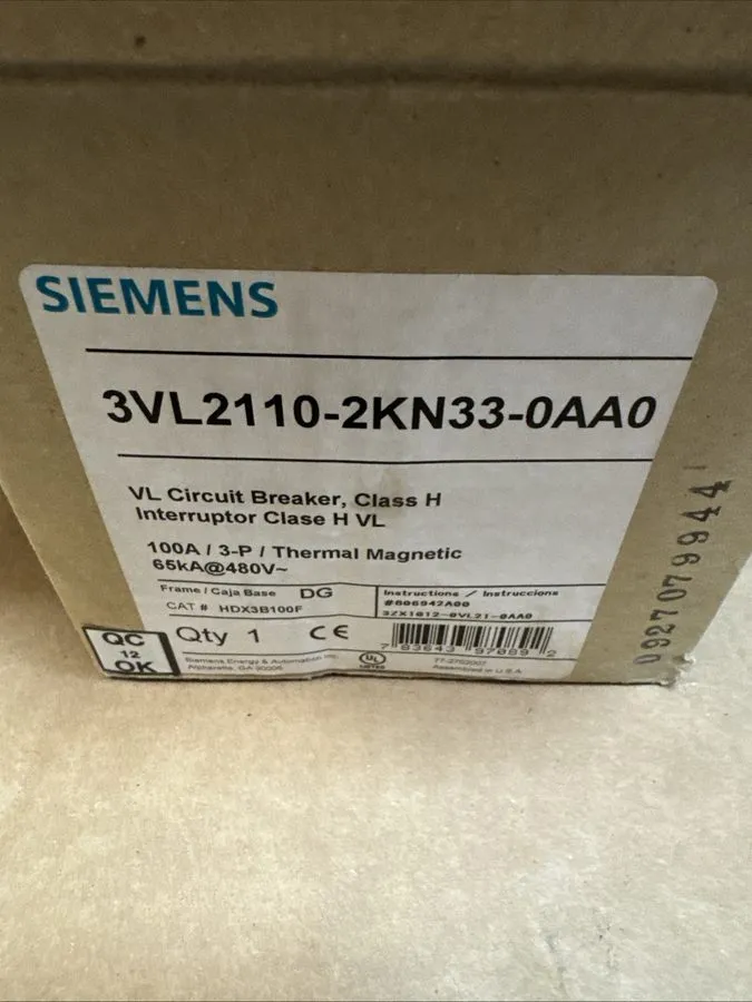 Автоматический выключатель SIEMENS 3VL2110-2KN33-0AA0 100A 3P VL CIRCUIT BREAKER — фото лота 1