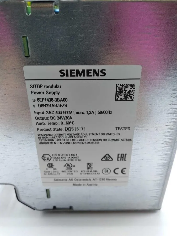 Блок питания SIEMENS 6EP1436-3BA00 SITOP MODULAR 20A POWER SUPPLY 24VDC 3PHASE