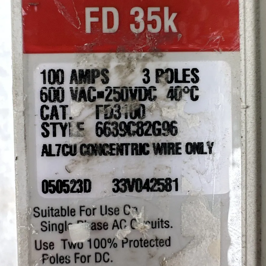 Автоматический выключатель EATON CUTLER HAMMER FD3100 100 AMP 600 VOLT CIRCUIT B — фото лота 1