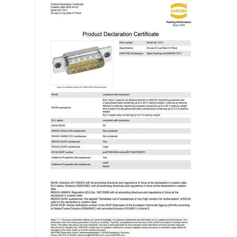 Разъём HARTING Male Connector 09643217217 25-pin