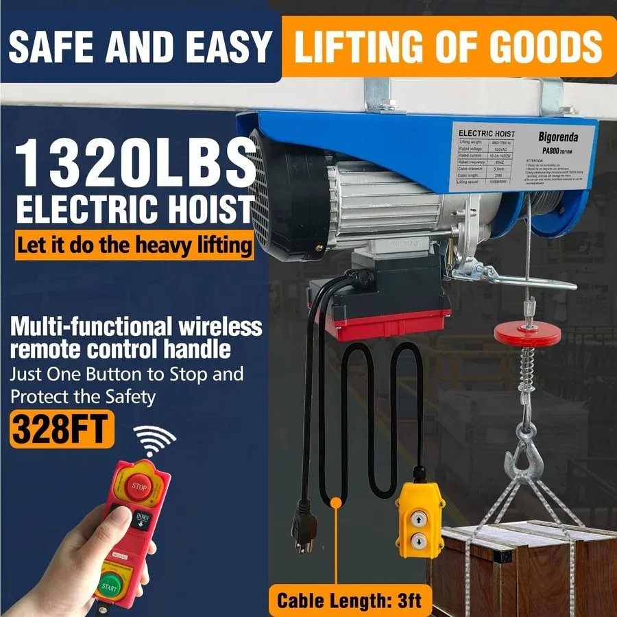 Таль 1320lb 1150W 110V Electric Hoist 40ft Lift with Remote & Steel Wire