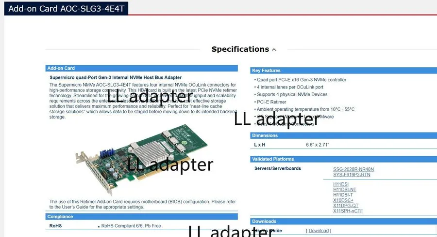 Кабель Supermicro AOC-SLG3-4E4T PCIe OcuLink Low Profile 3.0 NVME U.2 expansion