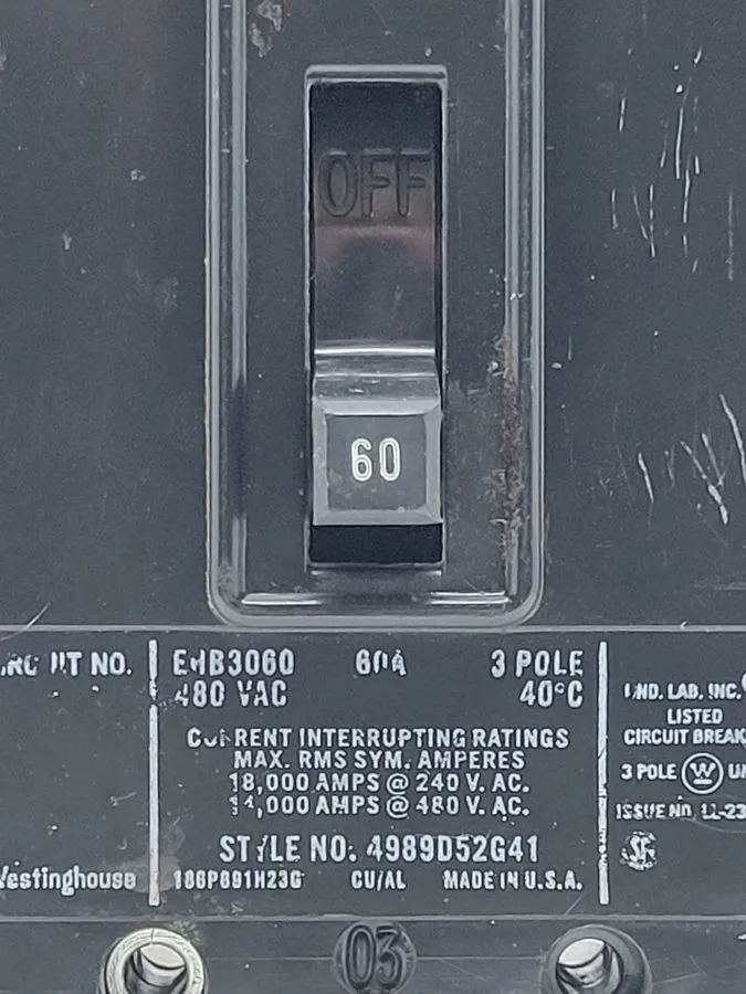 Автоматический выключатель Westinghouse EHB3060 60 Amp 3 Pole 480 VAC 480 V 14,0