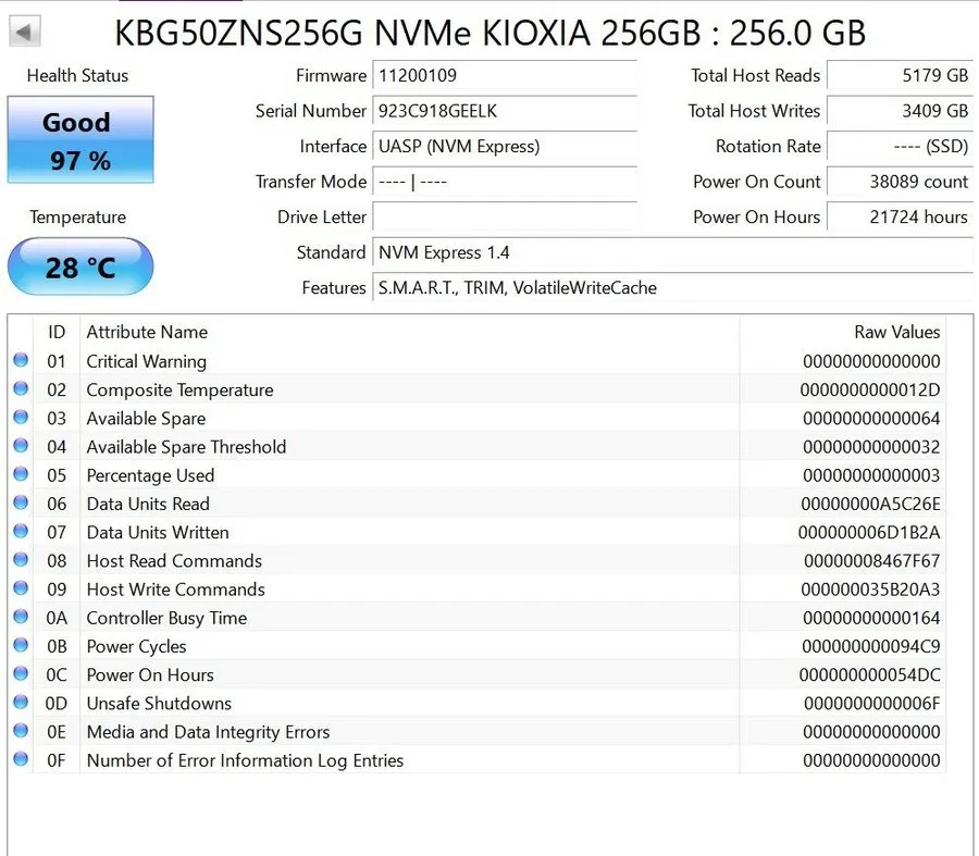 SSD-накопитель Kioxia Toshiba BG5 256GB KBG50ZNS256G SSD M.2 NVMe 2230 PCIe Gen4