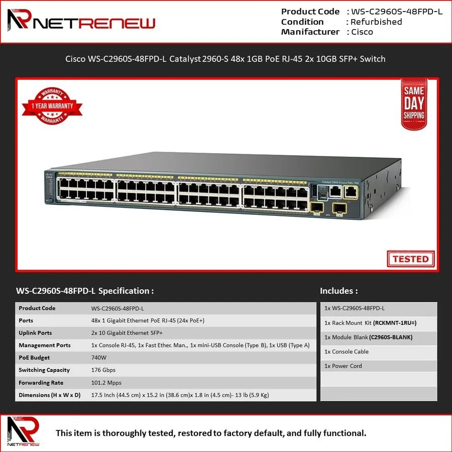 Коммутатор Cisco WS-C2960S-48FPD-L 48-Port PoE+ 740W 10G SFP+ Switch