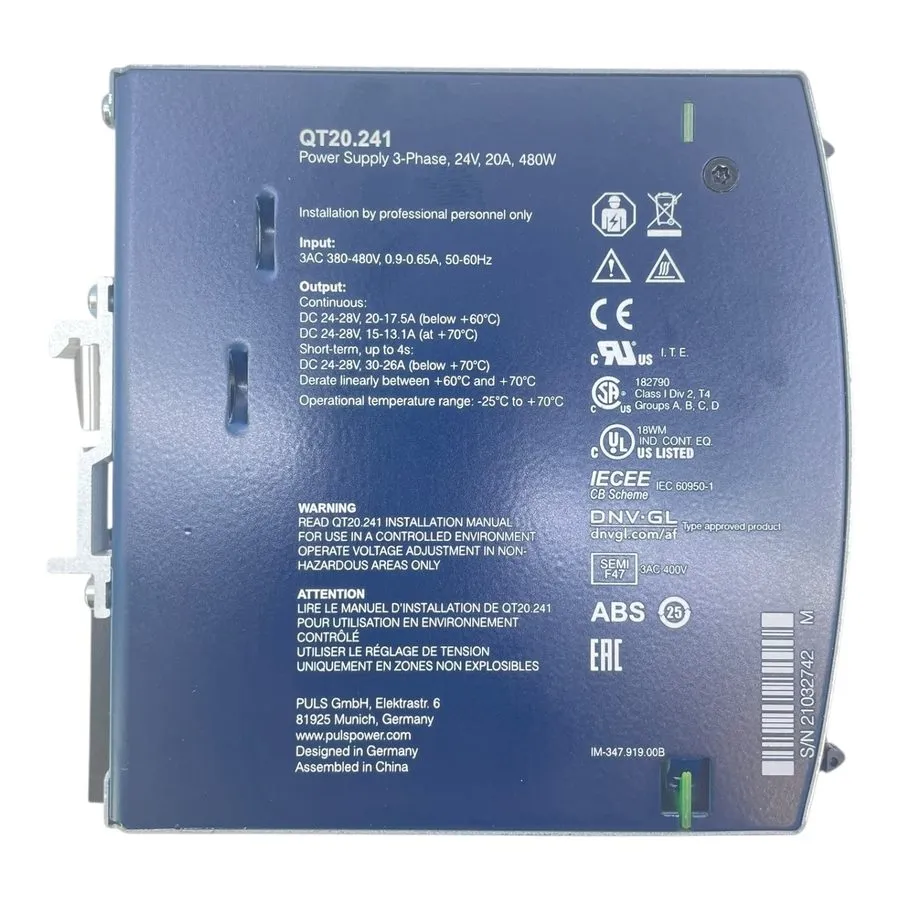 Блок питания Puls QT20.241 Dimension DIN Rail Power Supply 480Vac 3Ph .9-.65A 48