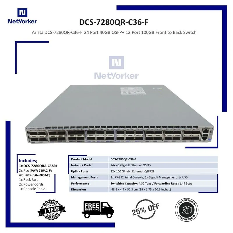 Коммутатор Arista DCS-7280QR-C36-F 24 Port 40GB QSFP+ 12 Port 100GB Front to Bac — фото лота 1
