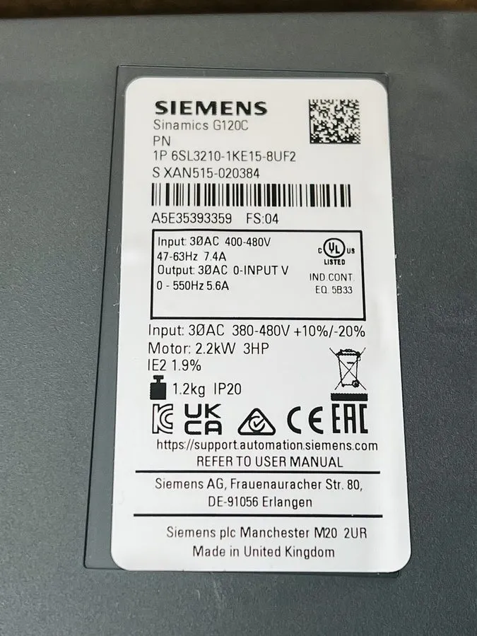 Частотный преобразователь Siemens 6SL3210-1KE15-8UF2 SINAMICS G120C RATED POWER 