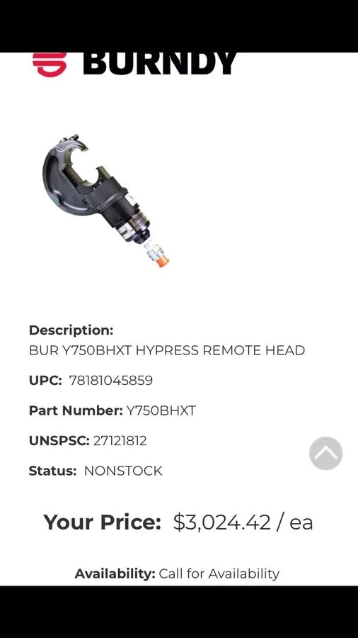 Электрооборудование Burndy Hubbell Y750BH Tool Only 12-Ton Remote Head Hydraulic — фото лота 2