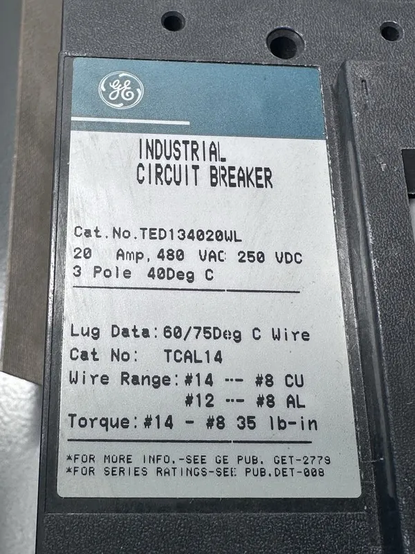 Автоматический выключатель GENERAL ELECTRIC TED134020WL 3 POLE 20 AMP 480v CIRCU