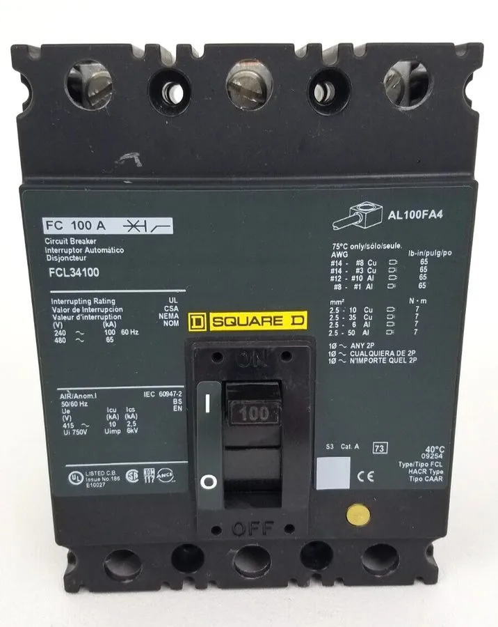 Автоматический выключатель Square D FCL34100 100A 480V 3 Pole Main Circuit Break