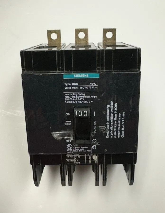 Автоматический выключатель Siemens BQD BQD3100 3 Pole 100 Amp 480V Circuit Break
