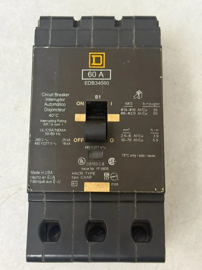 Автоматический выключатель Square D EDB34060 Circuit Breaker 60A 3-Pole 480V AC