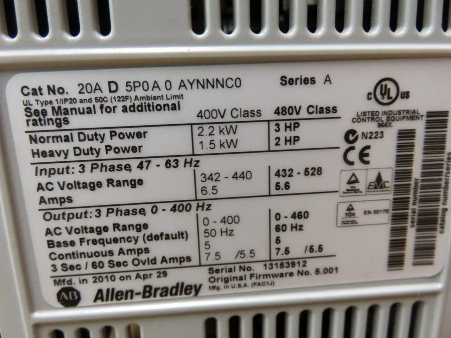 Частотный преобразователь 20AD5P0A0AYNNNC0 Allen Bradley AC Drive 480 VAC 5AMP 2