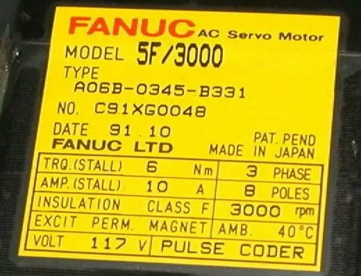 Серводвигатель Fanuc A06B-0345-B331 AC Servo Motor 117V 3000 RPM