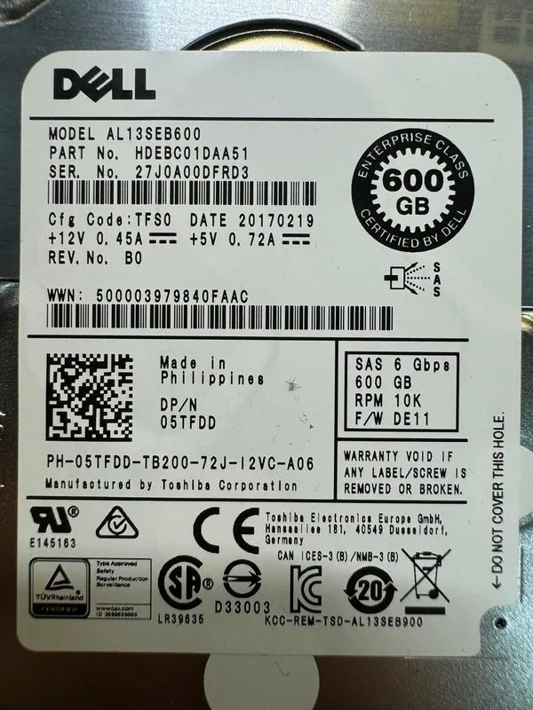 Жёсткий диск HP Toshiba 600GB 2.5" 6G 10K SAS HDD Hard Drive EG0600FCSPL AL13SEB — фото лота 2