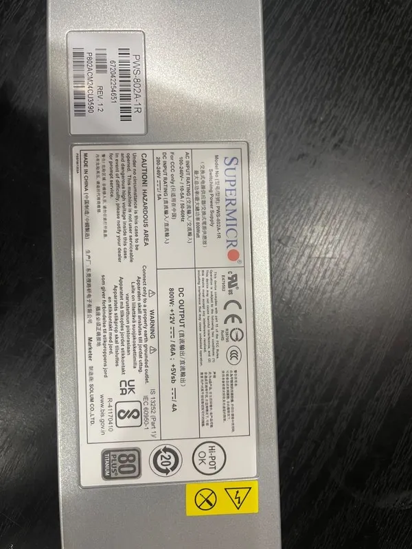 Блок питания Power Supplies Supermicro PWS-802A-1R 800W 1U Hot-Swap 80 Plus Tita — фото лота 1