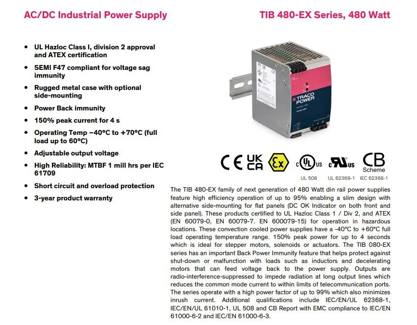 Блок питания TRACO TIB 480-124EX 480W 24V 20A DIN Rail Power Supply ATEX Class I