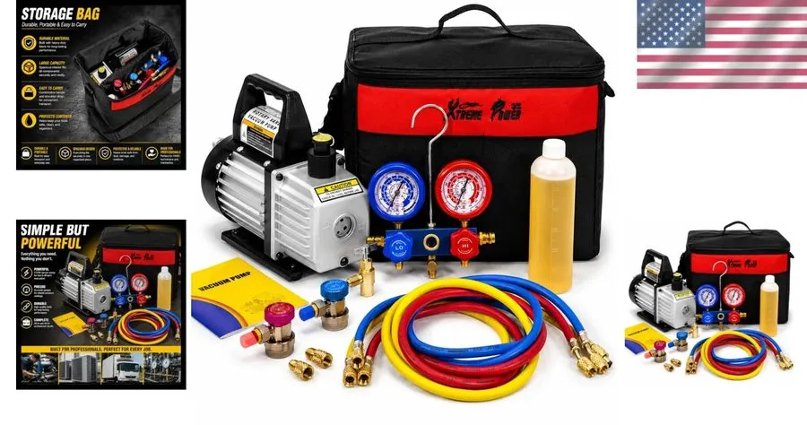 Насос 1/3 HP 1-Stage HVAC Vacuum Pump and 4 Way AC Manifold Gauge Set with 4.5 C