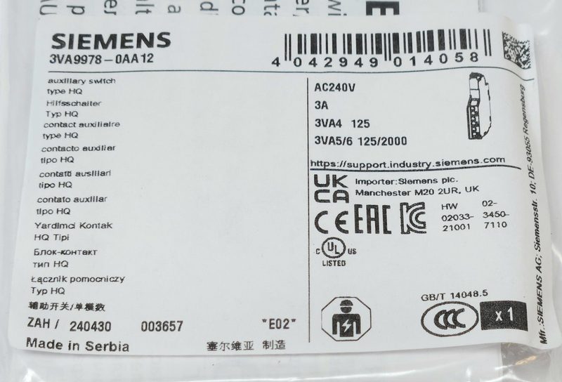 Автоматический выключатель Siemens 3VA9978